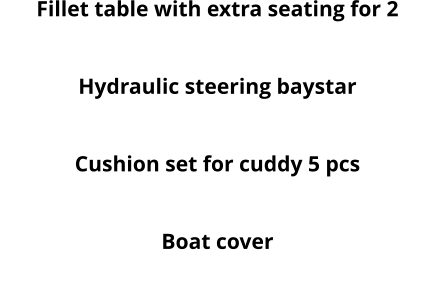 Fillet table with extra seating for 2 Round table Hydraulic steering baystar  Set of 2 platforms including sliding ladder Cushion set for cuddy 5 pcs Cushion set berth cuddy 3 pcs Boat cover MP3 system with 2 speakers