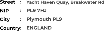 Yacht Haven Quay, Breakwater Rd PL9 7HJ Plymouth PL9 ENGLAND Street        NIP             City                    Country     :  :  :  :