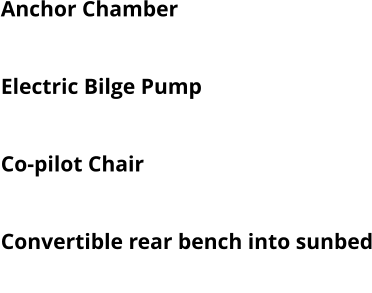 Anchor Chamber Bow roller  Electric Bilge Pump Swivelling Pilot Chair Co-pilot Chair Handrails and cleats Convertible rear bench into sunbed Set of platforms L+R with ladder